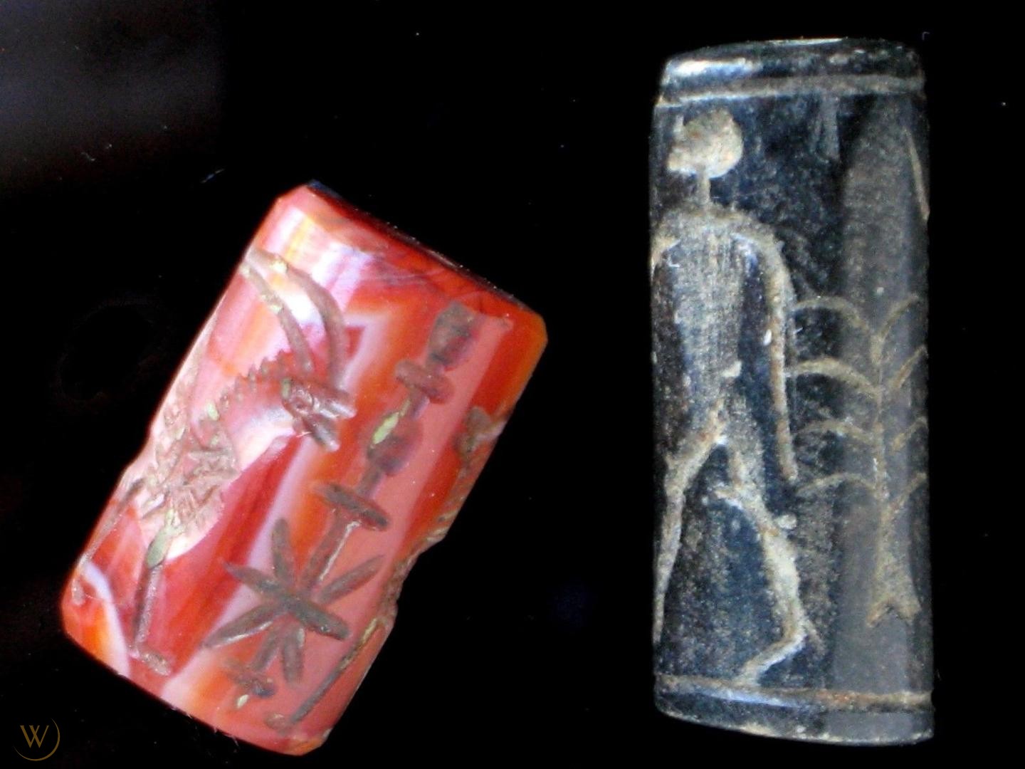 Ancient near eastern lapis lazuli seal intaglio hunter lion & writing stamp