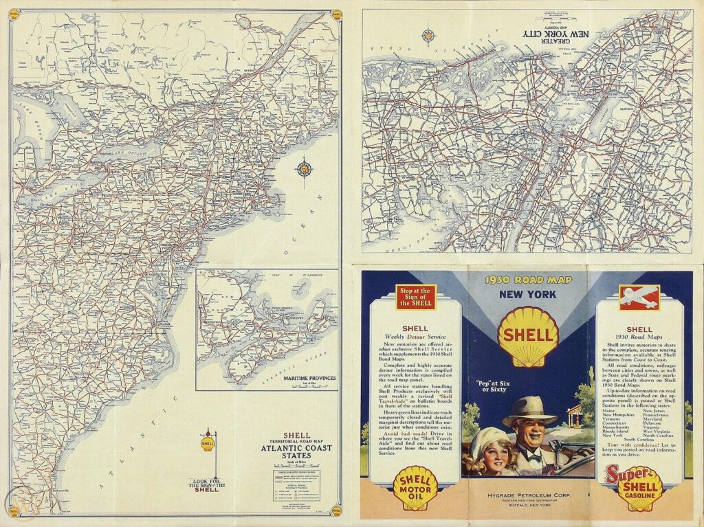 Hoja de ruta para Nueva York en la década de 1930 distribuida por ShellOil Company