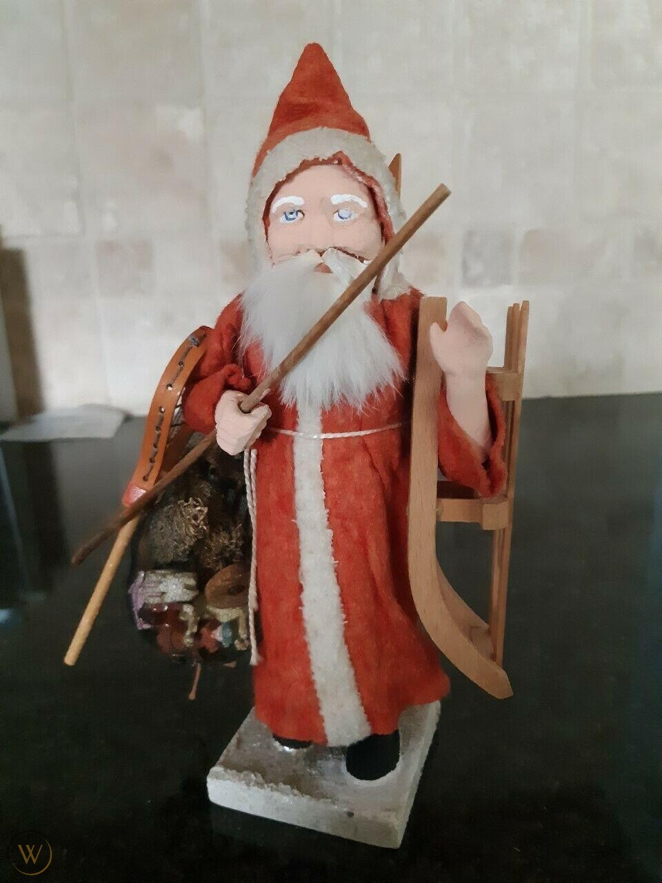 Vintage Paper Mache Fur Beard Santa Belsnickle high quality on Log Wood Sleigh w/Gifts