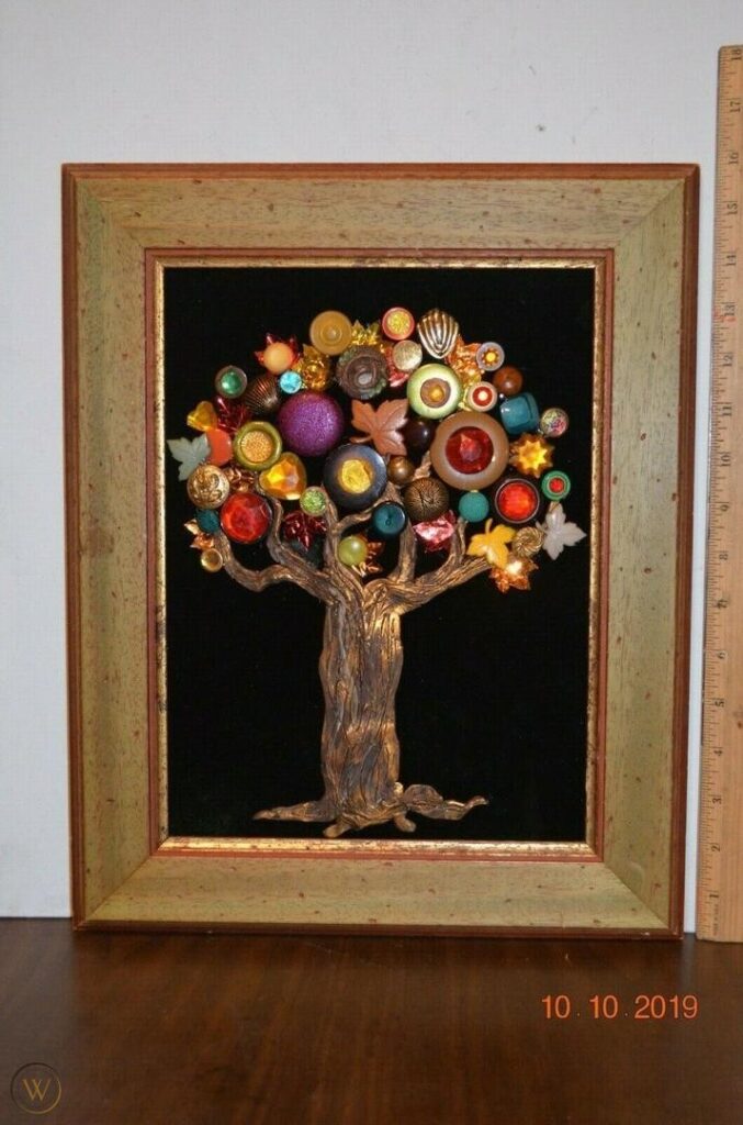 arte enmarcado otoño árbol joyería botón upcycle