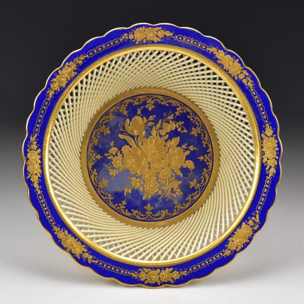Dresden bowl with woven porcelain and raised gilt flower décor