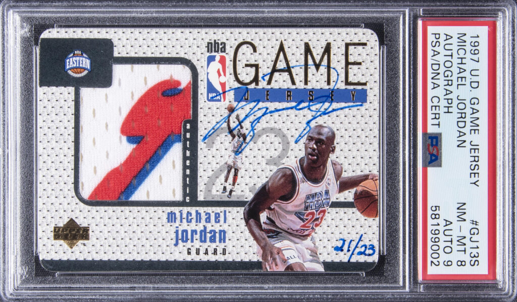1997-98 UD "GAME JERSEY" #GJ13 MICHAEL JORDAN SIGNED NBA ALL-STAR GAME USED PATCH CARD Goldin Auctions